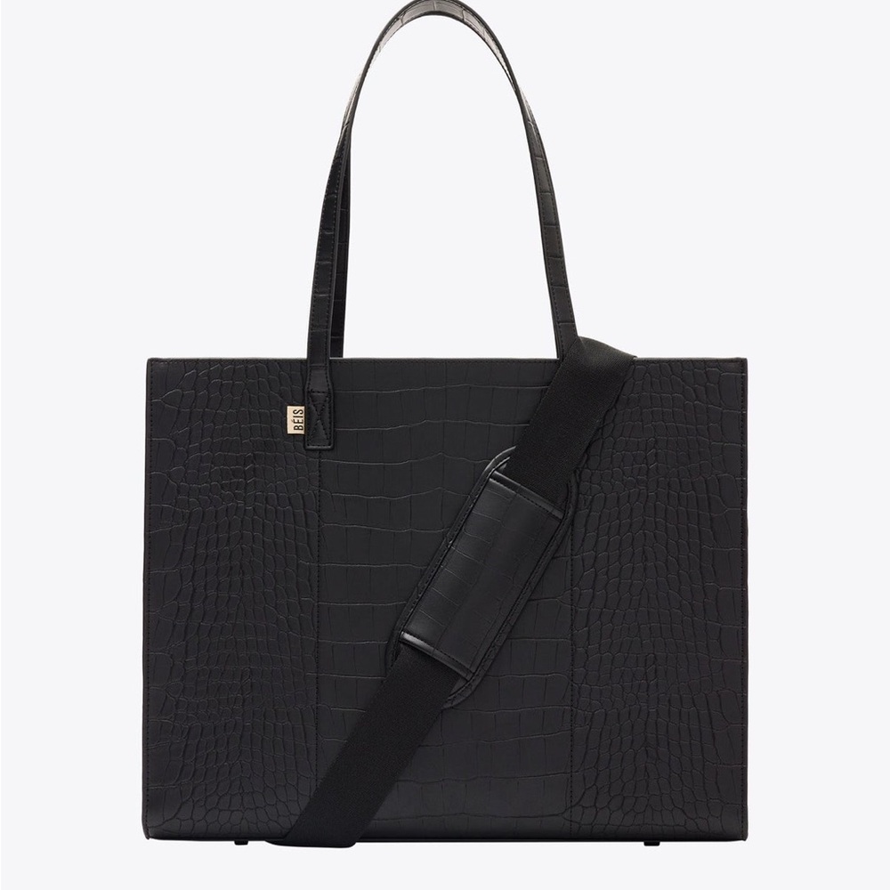 BEIS Black Croc-Embossed Tote with Detachable Shoulder Strap